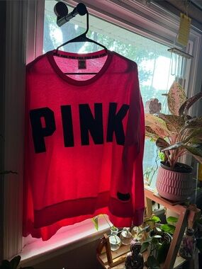 PINK Victoria's Secret Neon Pink Crewneck Sweatshirt with Bold Black Logo